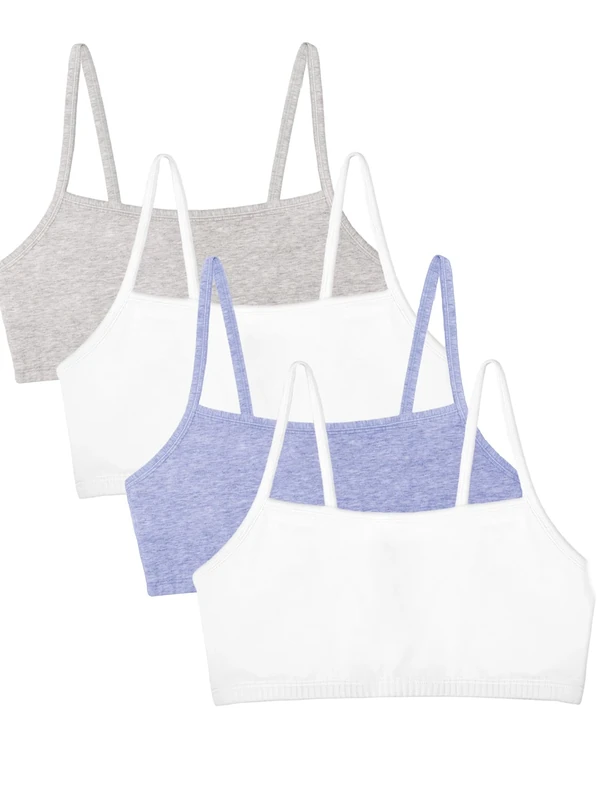 Fruit of the Loom Women's Spaghetti Strap Cotton Sports Bra Spaghetti Strap Cotton Pullover Sports Bra (Pack of 4), Heather Grey/White/White/Blue Heather 4-Pack, 10