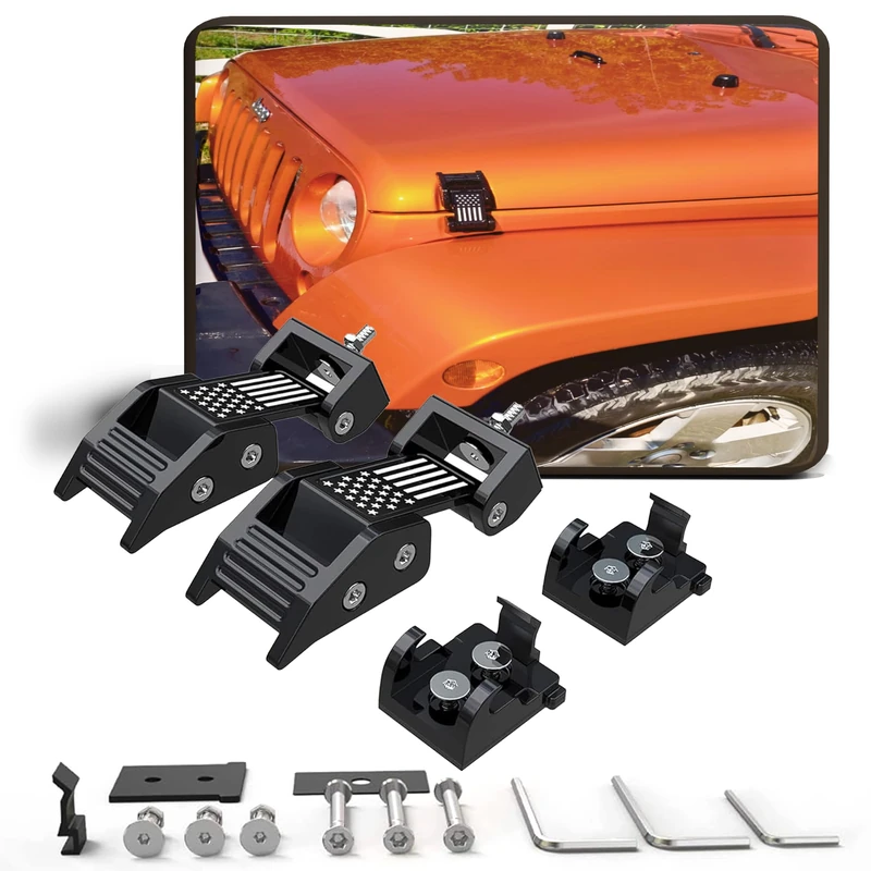 Hood Latches Catch Kit with U.S. Flag Style Black Aluminum For 2007-2018 Jeep Wrangler JK JKU，Pair