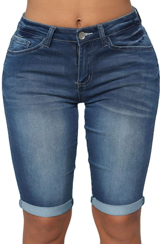 roswear Womens Mid Rise Roll Cuff Bermuda Stretch Denim Jean Shorts, Blue, XL