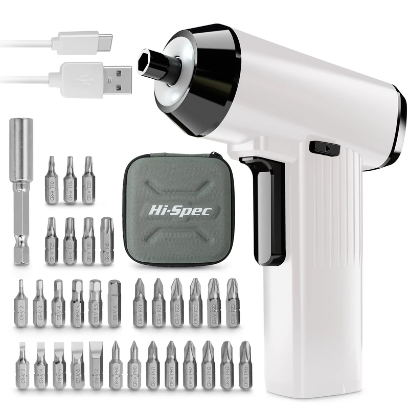 Hi-Spec 34pc White 3.6V Rechargeable Electric Screwdriver with USB Charging LED Light Li-on Battery and Bit Set. Cordless Screwdriver Household Repairs & Assembly
