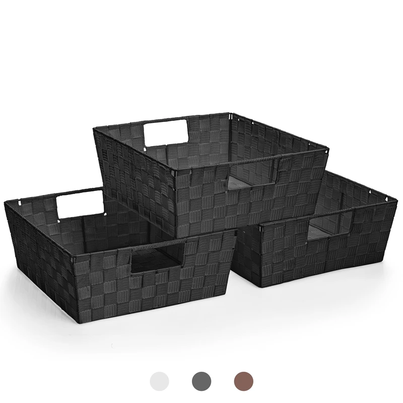 Sorbus Woven Basket Bin Set - Shelf Storage Tote Baskets for Household Items - Stackable with Woven Straps & Built-in Carry Handles (Black)