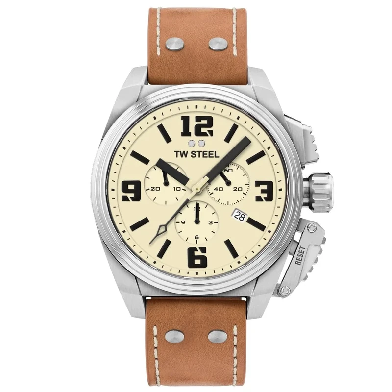 TW Steel New Canteen Mens 46mm Chronograph Quartz Watch with Leather Strap, and Date Calendar, Brown, Strip