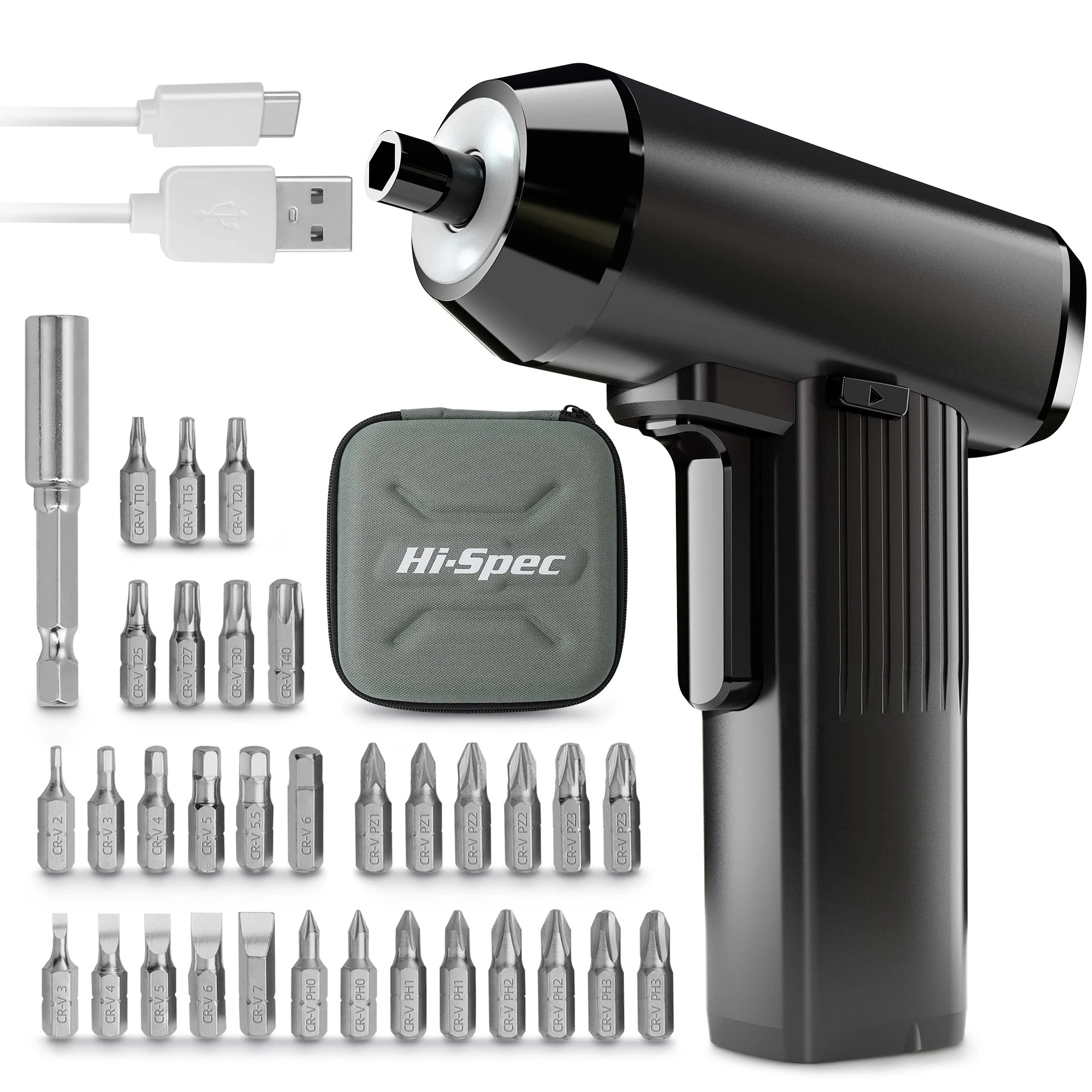Hi-Spec 34 Pc Black 3.6V Electric Screwdriver Set USB Charging LED Light Li-ion Battery. Compact Cordless Tool with Bit Selection & Carrying Case – Ideal for DIY Repair