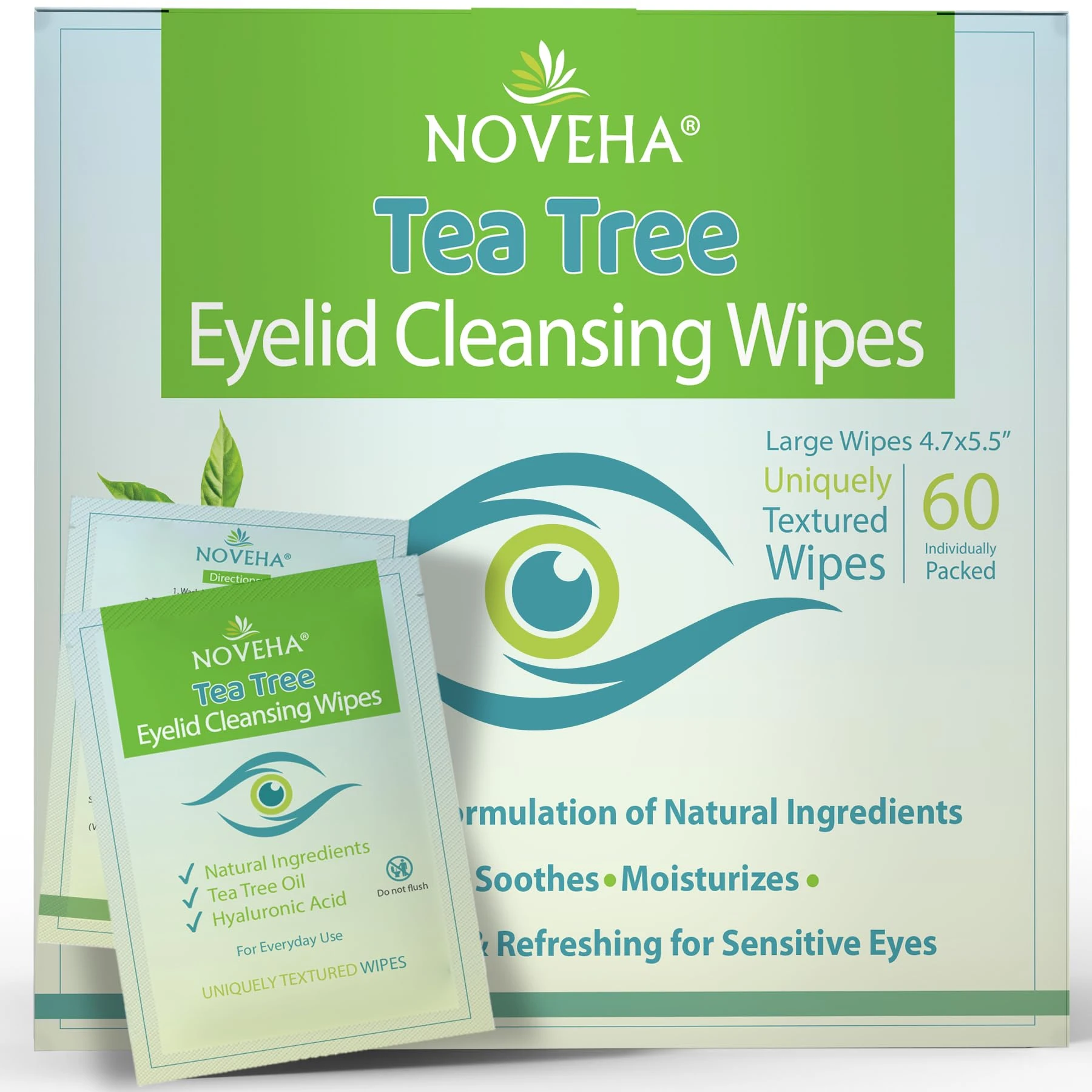 Tea Tree Oil Eyelid & Lash Wipes | With Hyaluronic Acid, Green Tea & Chamomile For Blepharitis & Itchy Eyes, Box Of 60 Individually Wrapped Eyelash Wipes, Natural Makeup Remover & Daily Cleanser