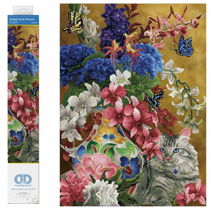 DIAMOND DOTZ Painting Kit, Advanced, DD13, Gilded Cat & Flowers, 52 x 72cm, DD13.030