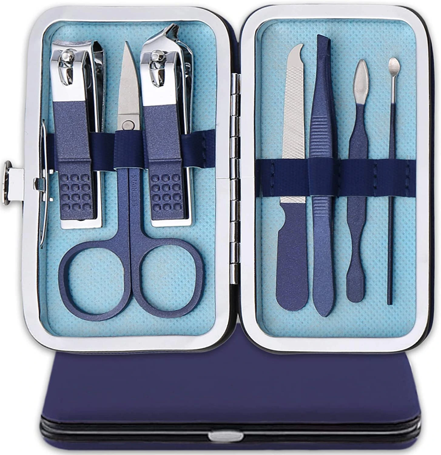 Nail Clipper Manicure Set, 7 In 1 Stainless Steel Professional Pedicure Kit Nail Scissors Grooming Kit with Black PU Leather Case for Travel & Home Use (Blue Leather)