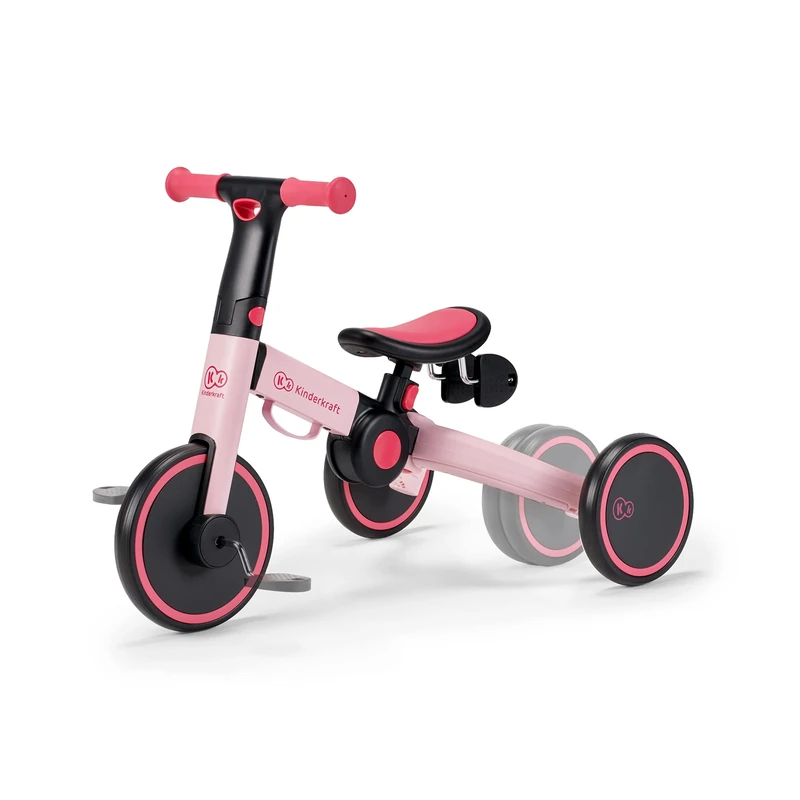 Kinderkraft 4TRIKE, foldable 3-in-1 tricycle, push trike, balance bike, pedal tricycle, lightweight aluminum frame, adjustable seat, EVA wheels, for children 1–5 years, Pink