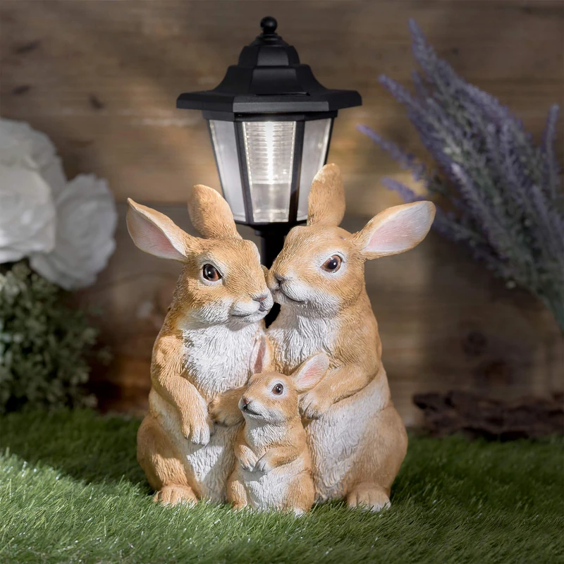 GloBrite Solar Rabbit Family with Lantern Post Light – Resin Garden Ornaments Outdoor Use - Solar Garden Lights for Yard, Patio, Lawn– Charming Animal Figurines