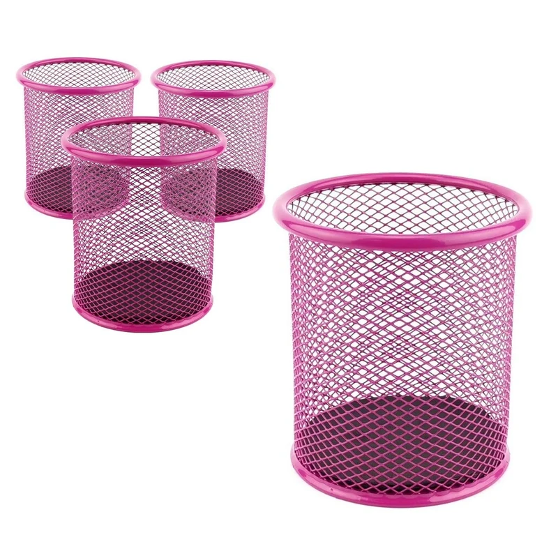 Leviatan Metal Pen Holder Round Wire Metal Mesh Multifunctional Cup for Ballpoint Pens Diameter 91 mm Pink Pack of 24