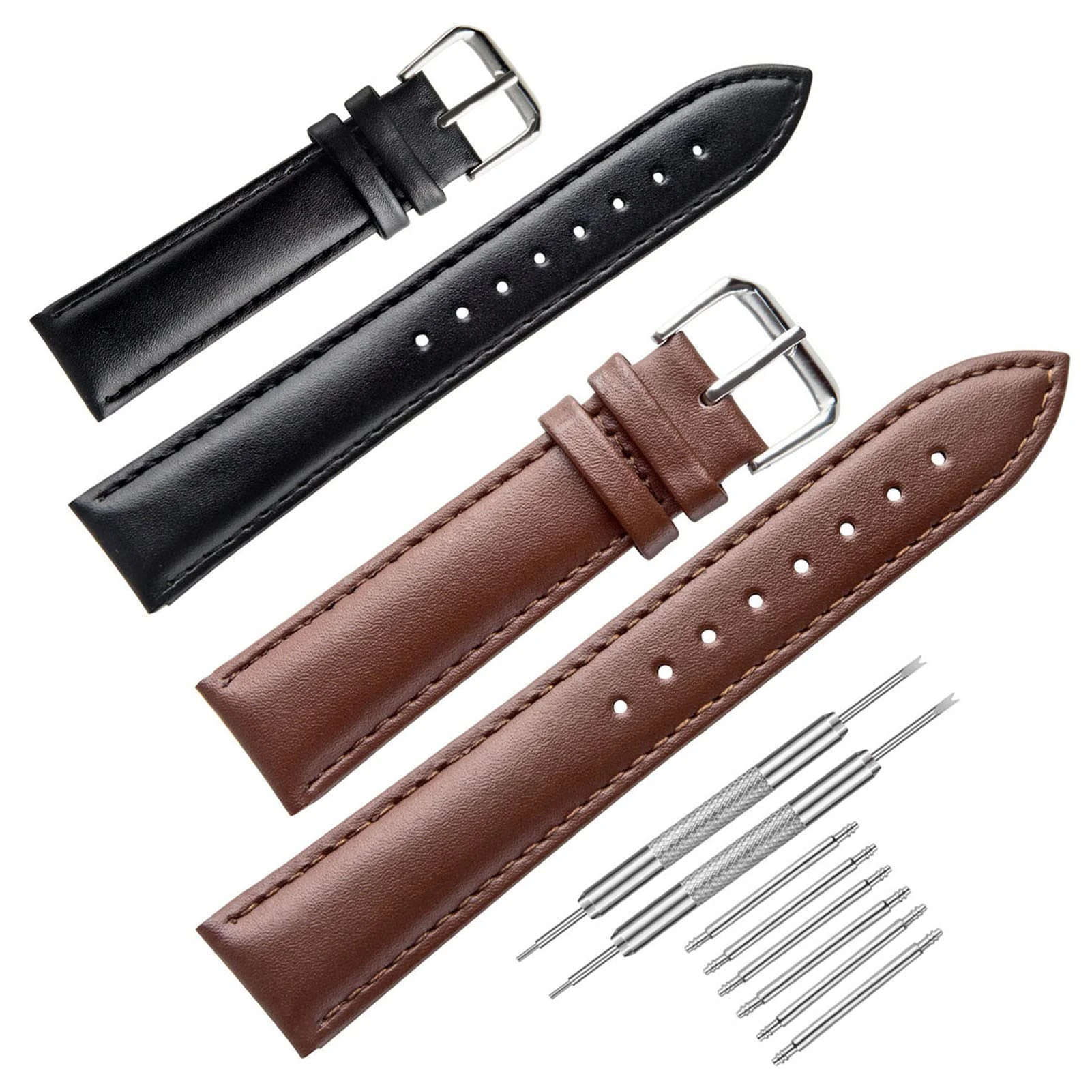 Universal Leather Watch Straps, Genuine Leather, Stainless Steel Buckle, Quick Release, Replacement Watchbands for Men Women (with Watch Strap Pins, Tool)
