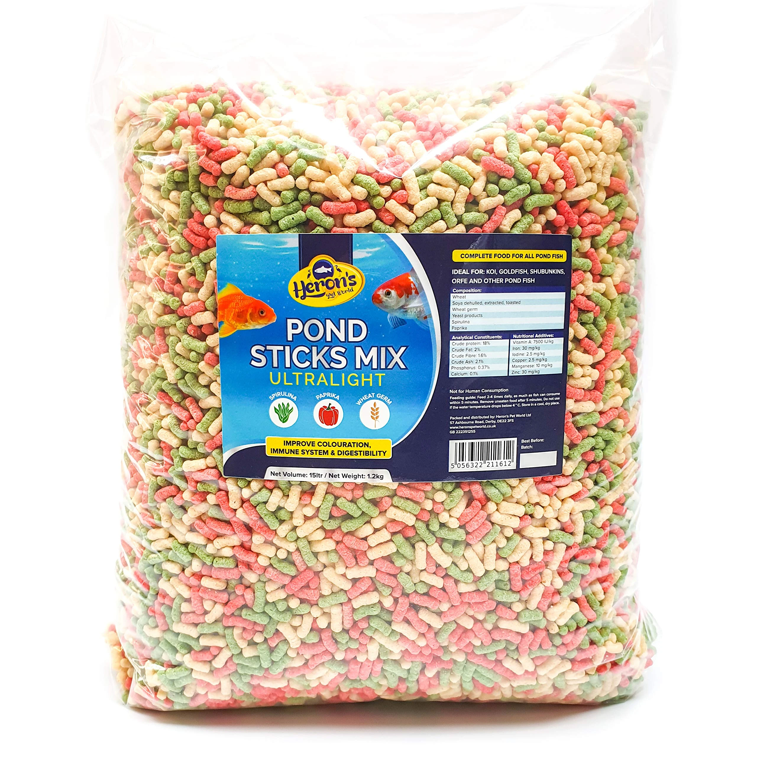 HERONS Pond Sticks Mix Ultralight 15L - Koi & Goldfish Food - Excellent Value - Complete Feed for all Pond Fish - Premium, Variety Pond Sticks