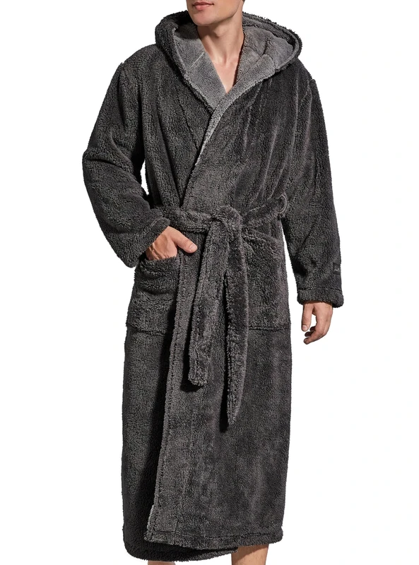 SlumberMee Mens Fleece Plush Robe with Hood Ultra Soft Fluffy Full Length Long with Pockets Luxurious House Coat, Shu Velveteen - Dark Grey, XL