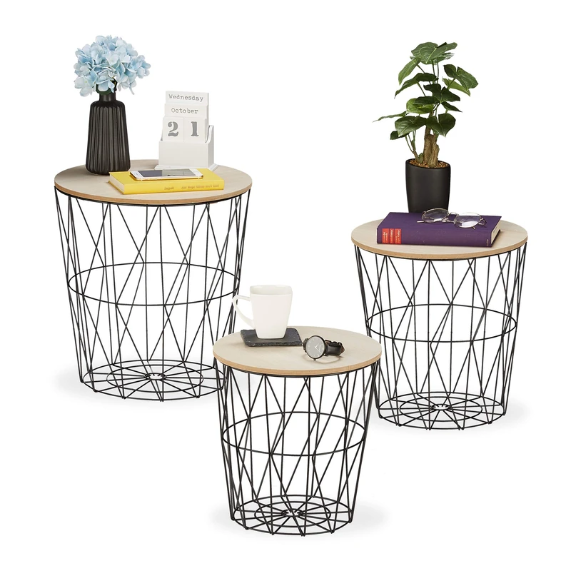 Relaxdays Basket Side Table, 3 Sizes, Wired Storage, Metal & Wood Look, Sofa or Bedside Stand, Decorative, Black/White - Image 1