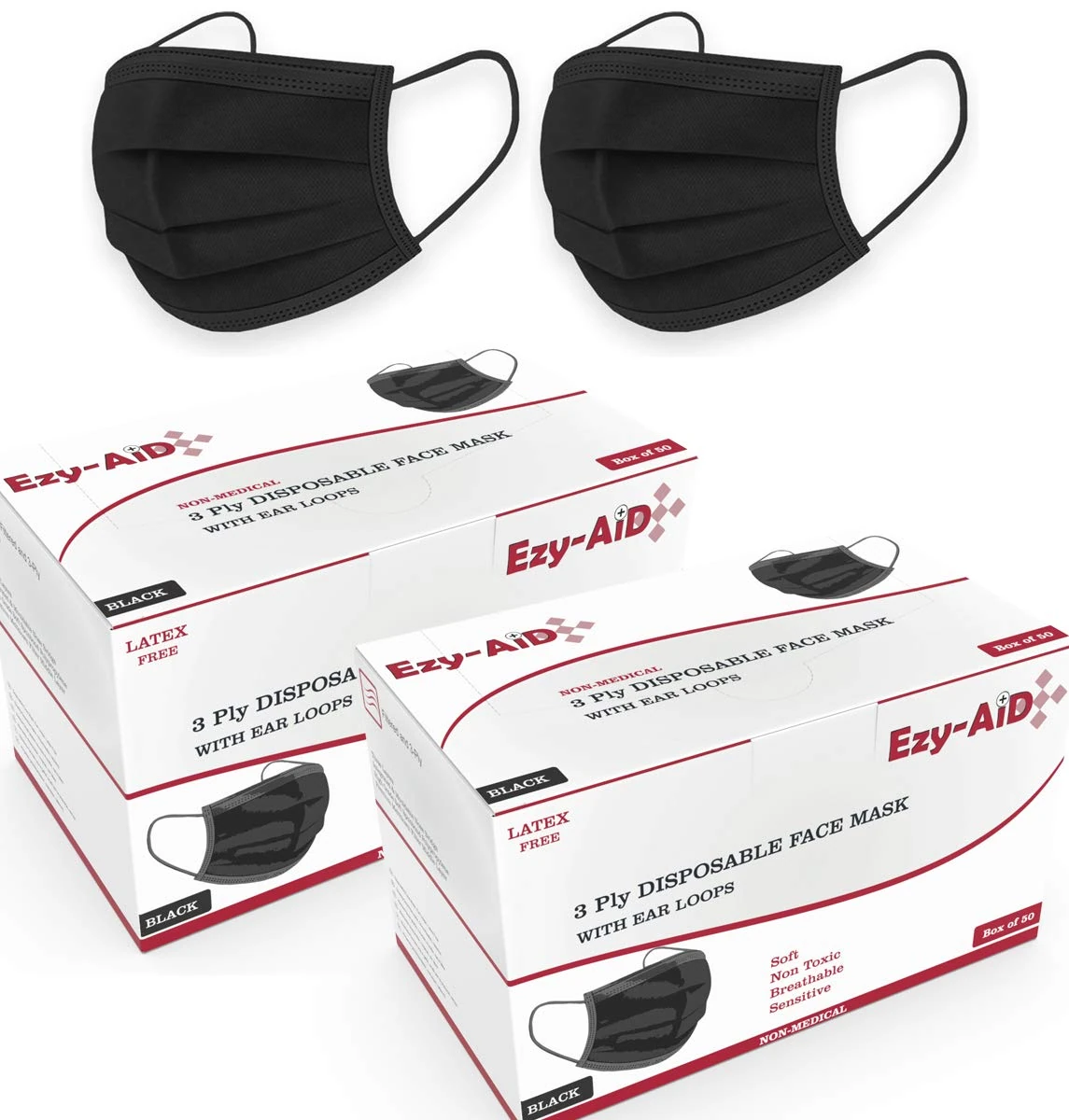 Ezy-Aid 100x BLACK Disposable 3ply Face Mask with Nose Bridge | Breathable and Soft Protective Face Covering, Mouth Cover | With Ear loops (2x Packs of 50)