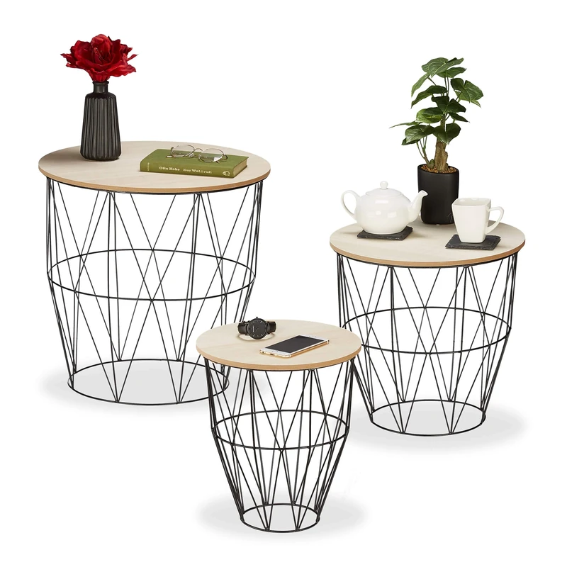 Relaxdays Basket Side Table, 3 Sizes, Wired Storage, Metal & Wooden Look, Sofa or Bedside Stand, Decorative, Black, Iron, 50.5 x 51 x 51 cm