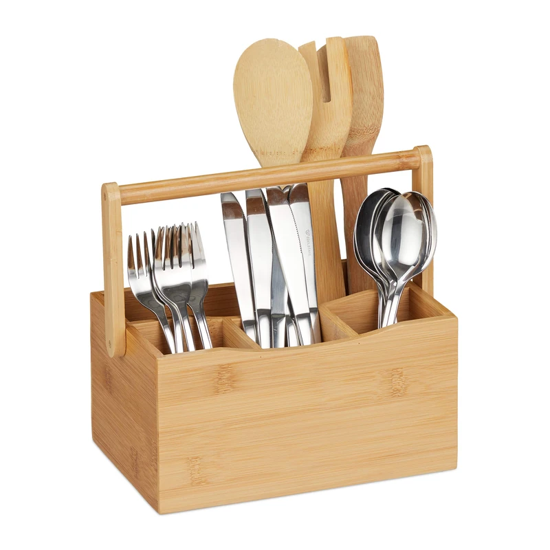 Relaxdays Cutlery Box, Utensil Holder, Bamboo, 4 Compartments, Carry Handle, for Serving & Carrying, Wooden, Natural