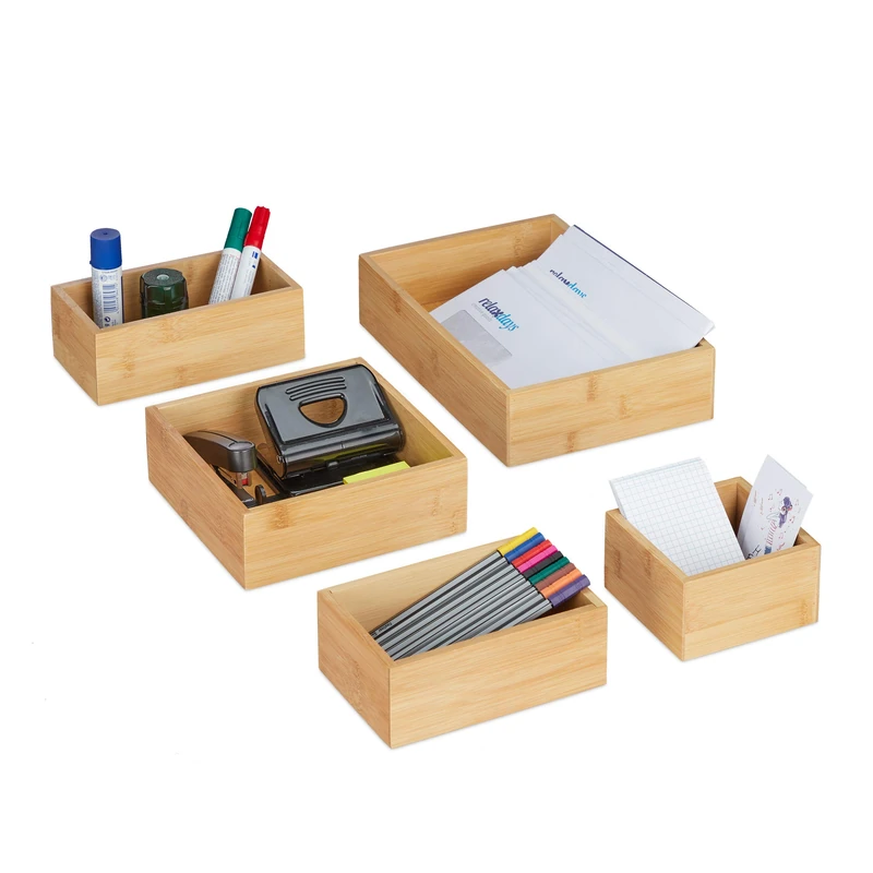 Relaxdays Organisation Boxes, Set of 5, Stackable, Drawer Organisation System Bamboo, Various Sizes, natural