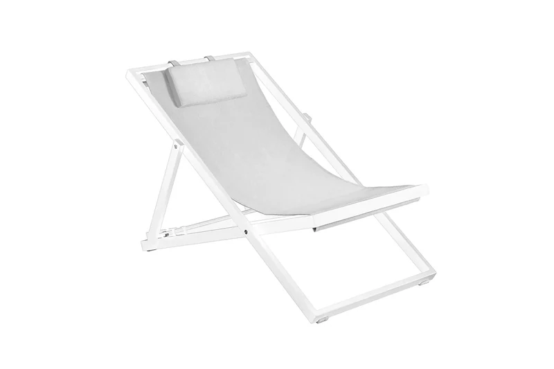 Duramax Newport lounger, 3 Reclining seat with comfy headrest, Foldable aluminium lounger for decks, patios, pools, beach & more, Garden sun lounger chair, With head rest, White frame with White sling