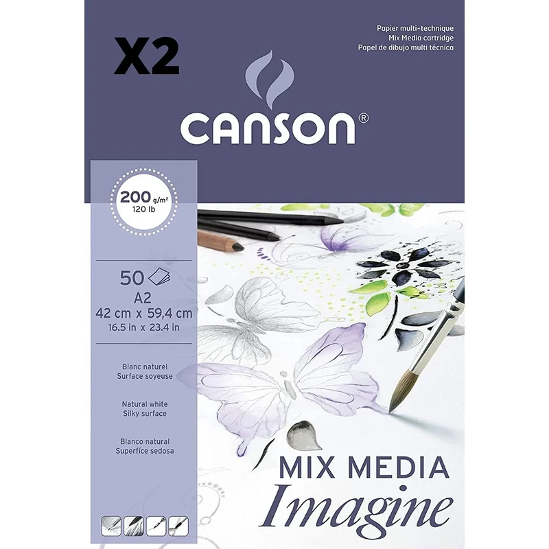 Pack of 2 Glued Blocks, A2, 50 Leaves, Canson Mix Media Imagine, Fine Grain 200g