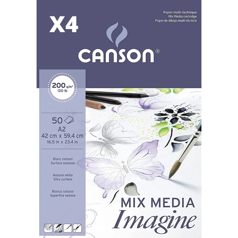 Pack of 4 Glued Pads, A2, 50 Sheets, Canson Mix Media Imagine, Fine Grain 200 g