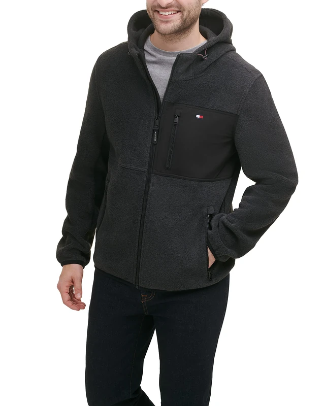 Tommy Hilfiger Men's Hooded Performance Fleece Jacket, Charcoal/Black Mixed Media, Large - Image 1