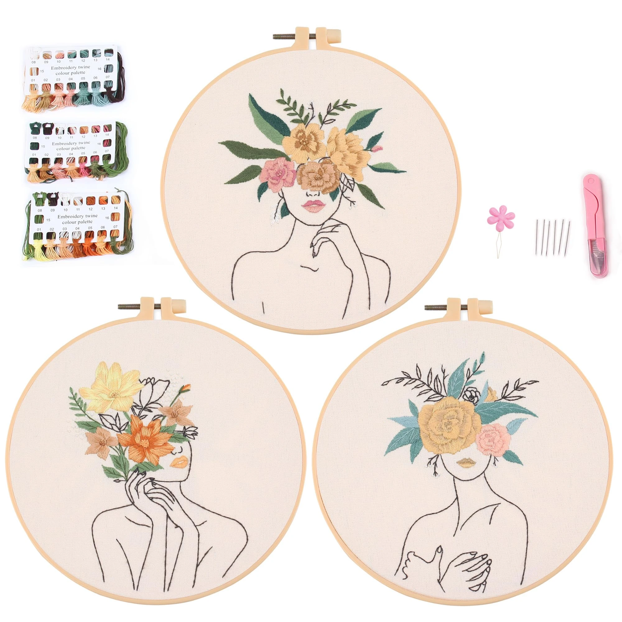 Myfelicity 3 Sets of Full Series of Beginner Embroidery Kits, DIY Hand Embroidery Starter, Women and Flower Patterns, Including Pattern Cloth, Color Thread, Needle, Hoop and Instructions…