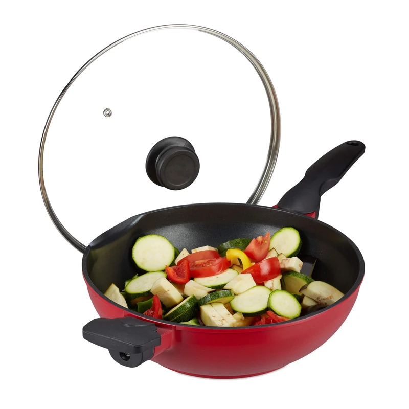 Relaxdays Wok with Glass Lid, 30 cm, Non-Stick Coating, Gas & Electric Hobs, 4 litres, Stir Fry Pan, Handle, Red/Black