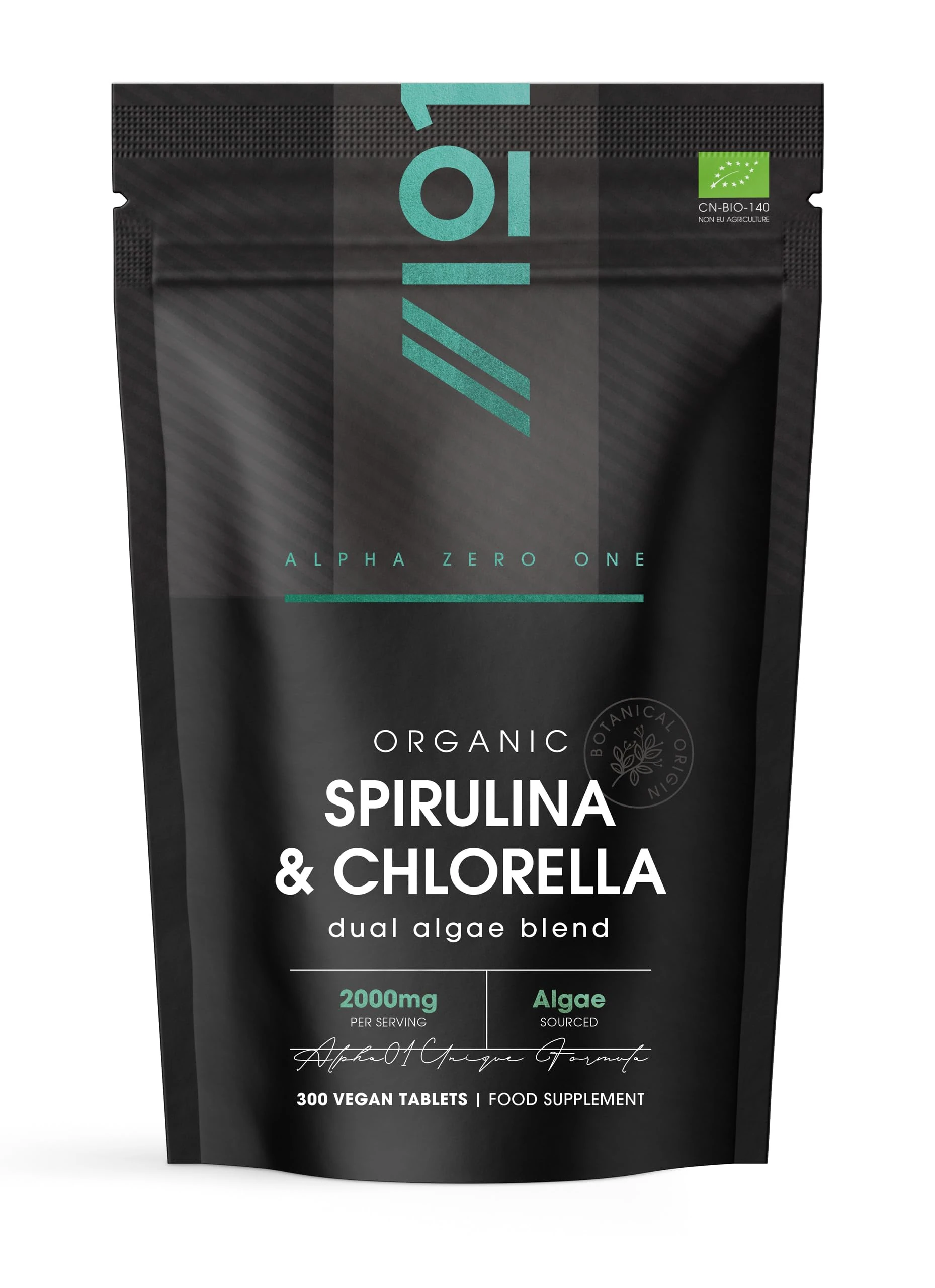 Organic Spirulina & Chlorella 2000mg - 300 Tablets - Broken Cell Wall - Cold Pressed Pure Supplement with No Additives (75 Day Supply) by Alpha01