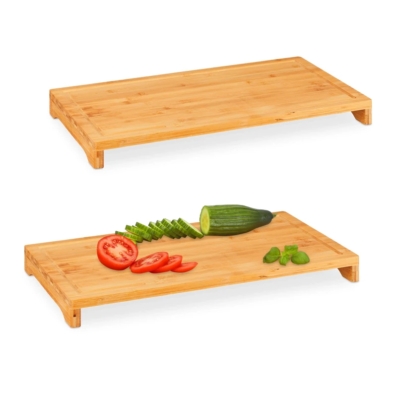 Relaxdays Cutting Board, Set of 2, Juice Groove, Chopping Carving Board, H x W x D: 5 x 52 x 29 cm, Bamboo, Brown