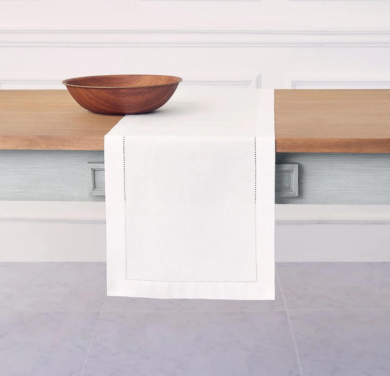 Solino Home Hemstitch Cotton Linen Table Runner – 14 x 132 Inch, Natural Fabric Machine Washable Table Runner – White