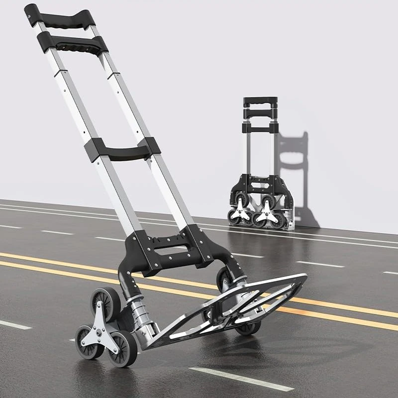Stair Climbing Cart Portable Folding Hand Truck, 155 LBS Load Capacity Aluminium Trolley with 3-Level Height Adjustable Telescoping Handle, 6 Rubber Wheels & Bungee Cord for Pulling, All Terrain