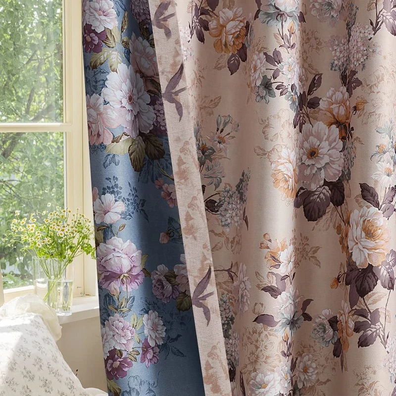 SUOUO Double Sided Patterned Vintage Floral Blackout Curtains for Bedroom 2 Panels 84 Inches Long Thermal Insulated Room Darkening Coffee Window Drapes for Living Room
