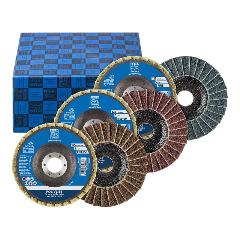 PFERD 44698005 Polifleece Fan washers Set PVL, 3 Pieces, Diameter 125 mm, bore Diameter 22.23 mm, A100, 180, 280, for fine Sanding, Corundum A