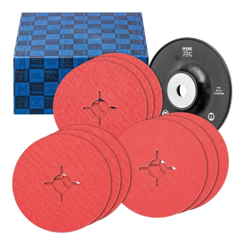 PFERD 64198002 Fibre Discs Set 10 Pieces Ceramic Grain Diameter 125 mm CO-Cool 36, 60, 80 with High Performance Backing Plate for Cool Grinding on Stainless Steel Grain 36-80