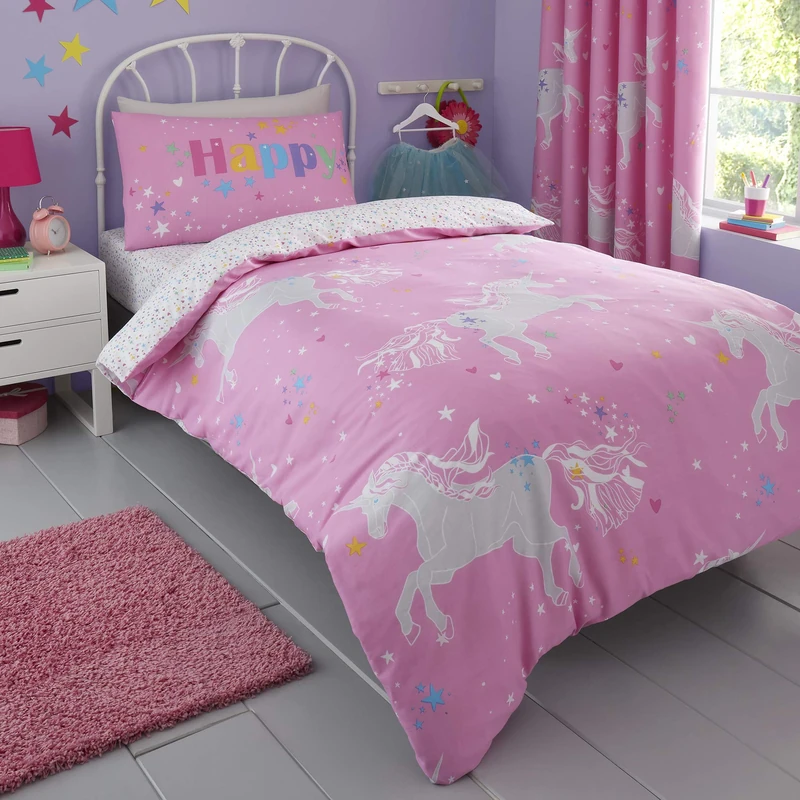 Bedlam Kids Unicorn Glow In The Dark Print Reversible Duvet Cover Set, 2 pieces, Multi, Single, Neon Pink - Image 1