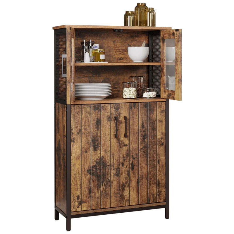 VASAGLE Storage Cabinet, Multipurpose Cupboard, Sideboard, Adjustable Shelf, Bathroom Cabinet, Steel Frame, for Living Room Kitchen, Industrial Style, Rustic Brown and Black LSC260B01