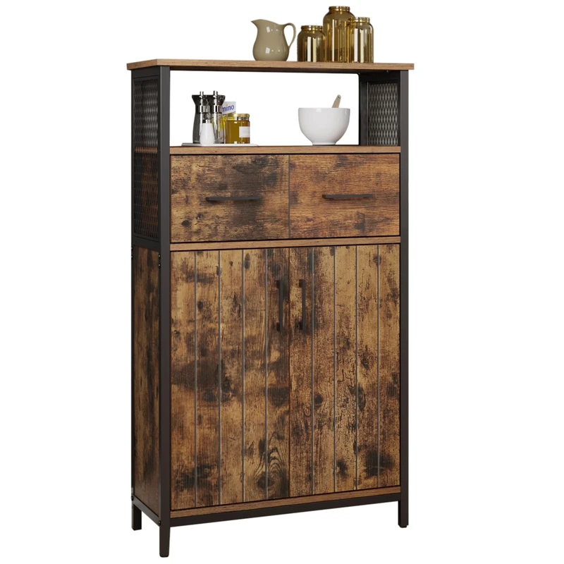 VASAGLE Storage Cabinet, Multipurpose Sideboard with Drawer and Adjustable Shelf, Bathroom Cabinet, Steel Frame, for Living Room Kitchen, Industrial Style, Rustic Brown and Black LSC261B01