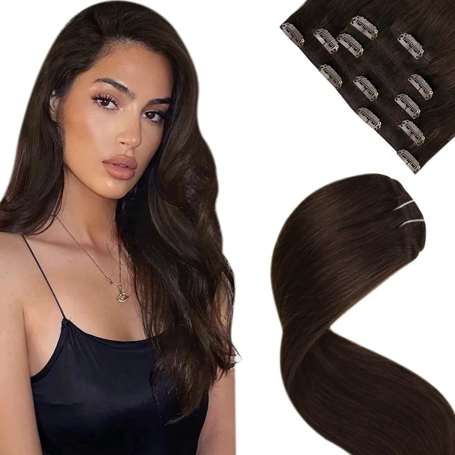 LaaVoo Clip in Hair Extensions Real Human Hair Dark Brown Hair Extensions Clip in Straight Remy Darkest Brown Hair Full Head Double Weft 80g 5pcs 12 Inch #2