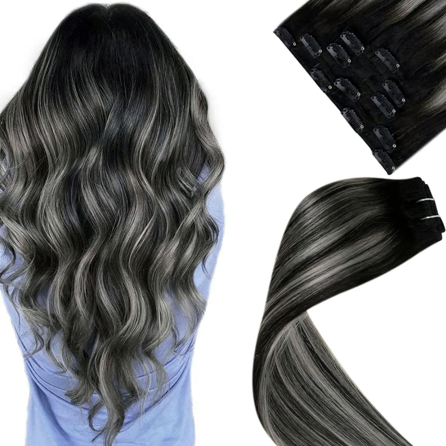 LaaVoo Clip in Hair Extensions Real Human Hair Black with Natural Silver Invisible Straight Remy Sew in Hair Extensions 5pcs 80g 12 Inch #1b/s/1b