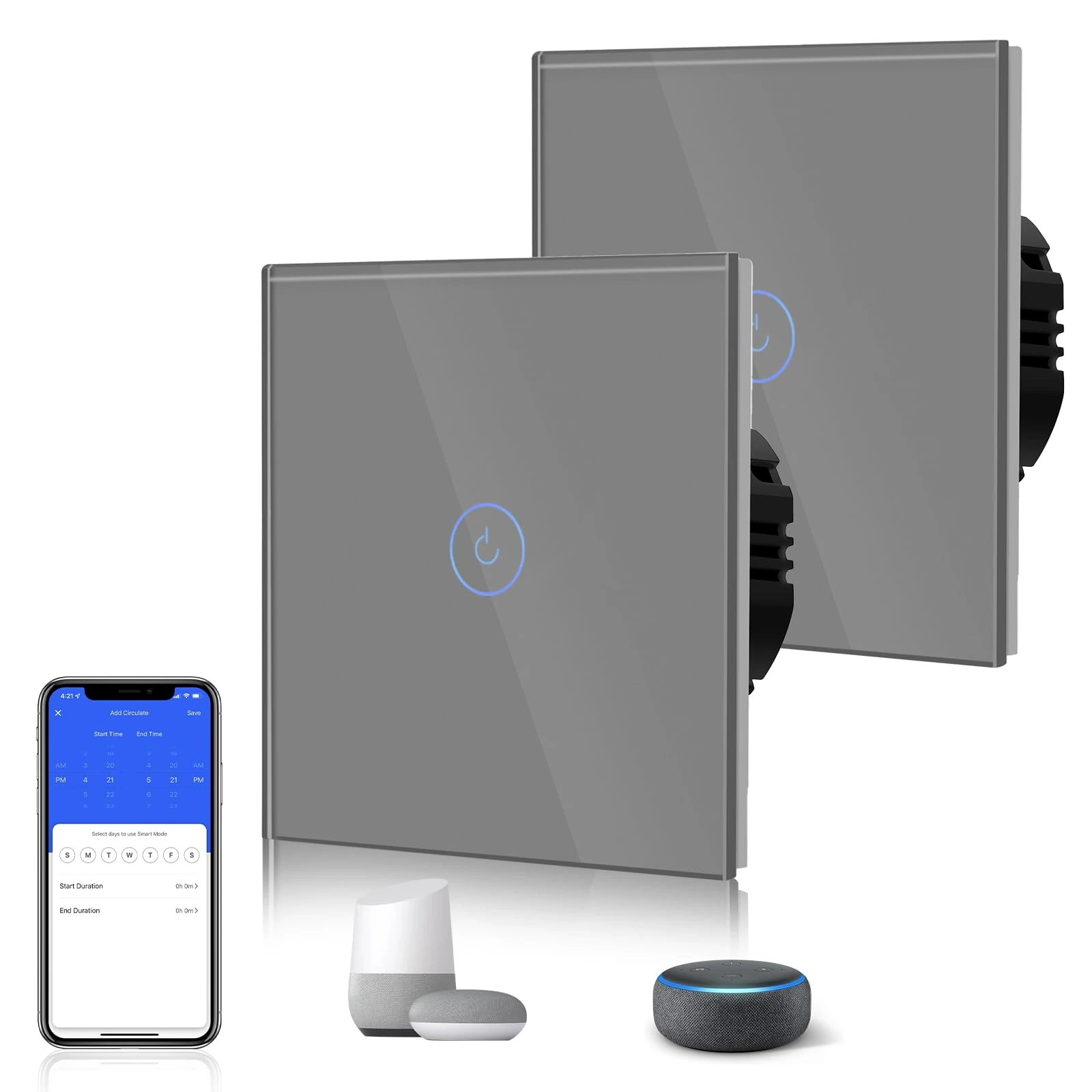 BSEED Smart Light Switch 2 Pack Smart Alexa 1 Gang 2 Way WiFi Switchable Switches, Glass Panel Wall Light Switch Grey, Goggle/Voice Control, Sharing Devices (Neutral Wire Required)
