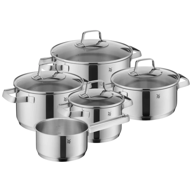 WMF Belmonte Vorteil Induction Pot Set with Glass Lid, Polished Cromargan Stainless Steel, Uncoated Pots Set of 5