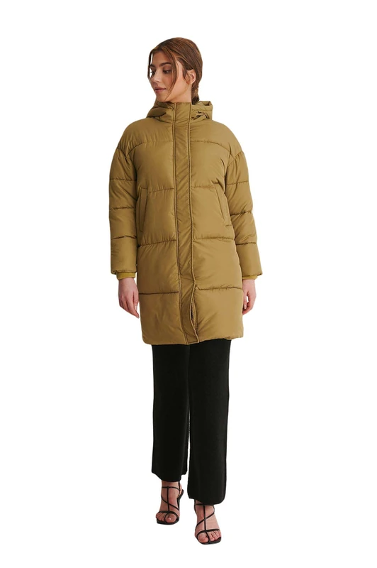 NA-KD Women's Padded Long Jacket, Green, 16 UK