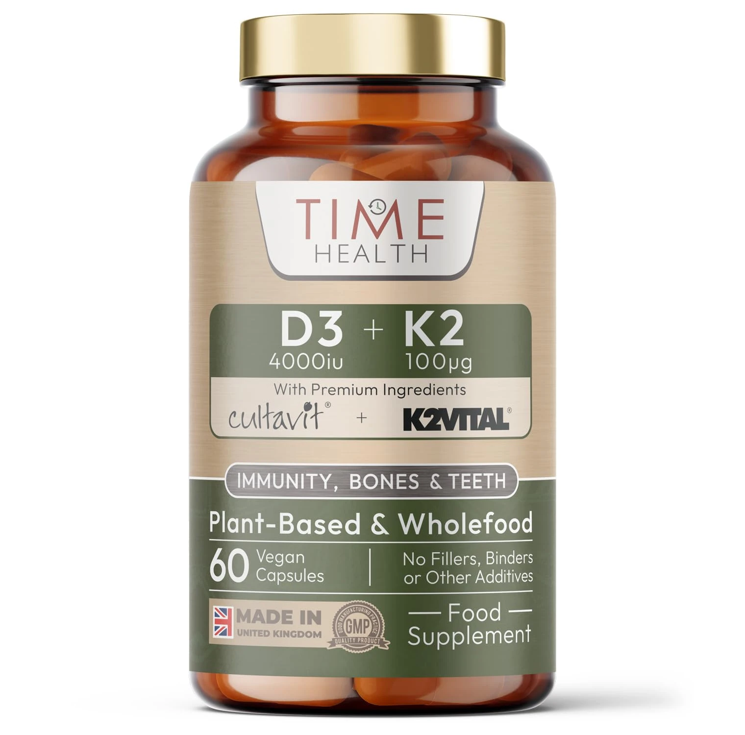 Vitamin D3 + K2 – 4000IU + 100UG – Whole Food & Plant-Derived – CULTAVIT® D3 (Cholecalciferol) – K2VITAL® K2 MK-7 - UK Made Supplement - Zero Additives (60 Capsule Bottle) (60 Capsule Bottle)