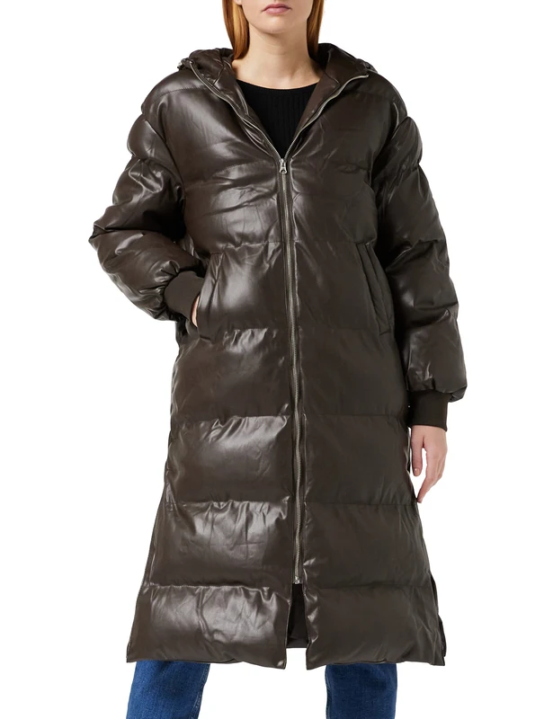 NA-KD Women's Hooded Long Jacket, Dark Brown, 10 UK
