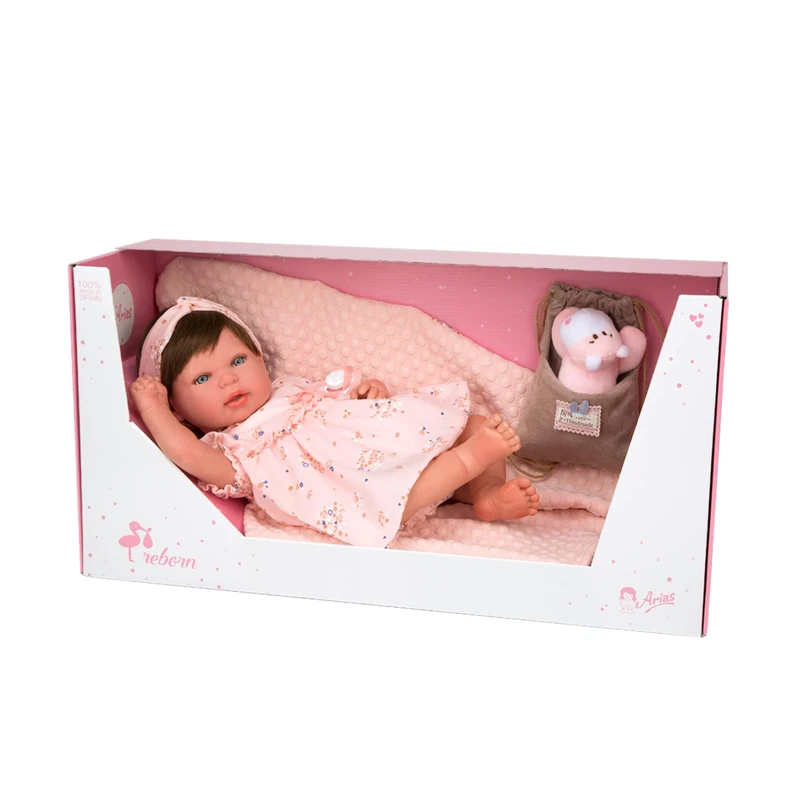 Arias Reborn Doll 45 cm Esther, Baby with Hair, Pink Flower Clothes, Includes Blanket, Plush, Multipurpose Bag, Pacifier and Diaper, Soft Body and Vinyl Limbs, 3 Years (ARI98083)