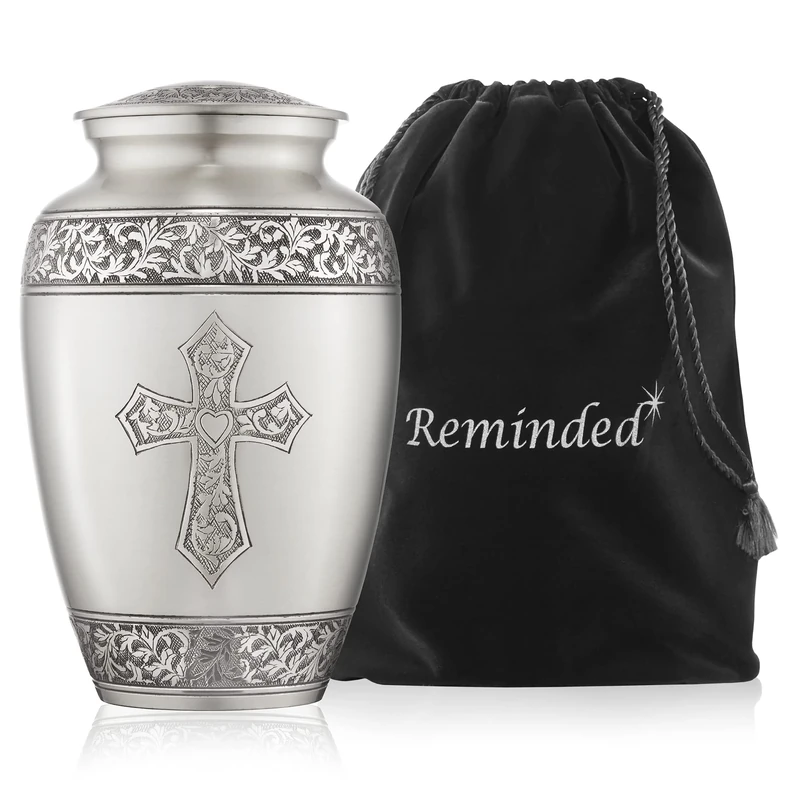 Reminded Adult Cremation Memorial Urn for Human Ashes, Pewter Etched Cross Brass Funeral Urn with Velvet Bag