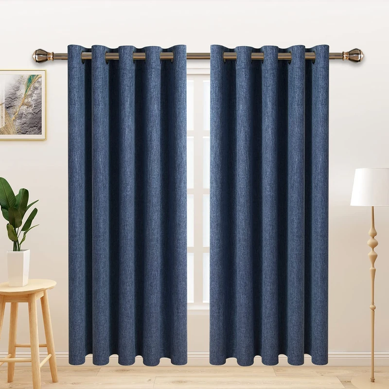 LORDTEX Linen Look Textured Blackout Curtains with Thermal Insulated Liner - Heavy Thick Grommet Window Drapes for Bedroom, 70 x 63 Inches, Blue, Set of 2 Panels
