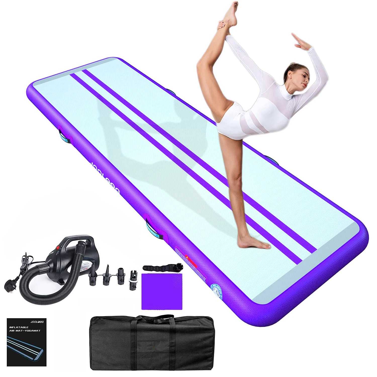 JOOLOOG Premium Inflatable Gymnastics Mat, Air Mat 6m x 2m x 20cm Tumble Track for Home Training, Thick Tumbling Mat with Pump for Kids Indoor Gymnastics, Outdoor Practice Tumbling & Yoga, Purple