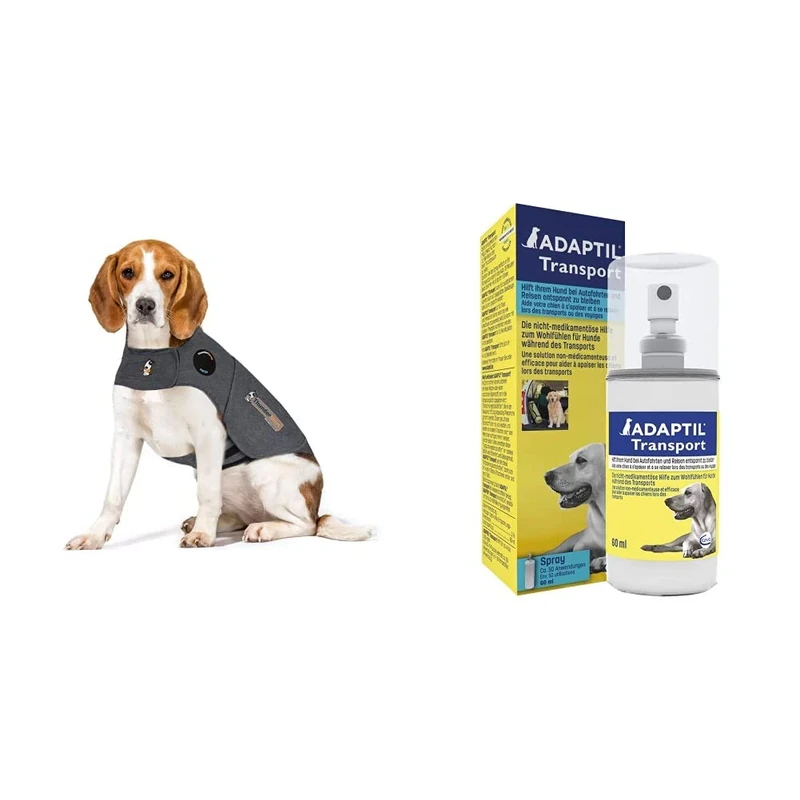 Thundershirt Anxiety Coat for Dog, M, Grey with ADAPTIL Calm Transport Spray, helps dog cope with travelling and other short term challenges, 60 ml