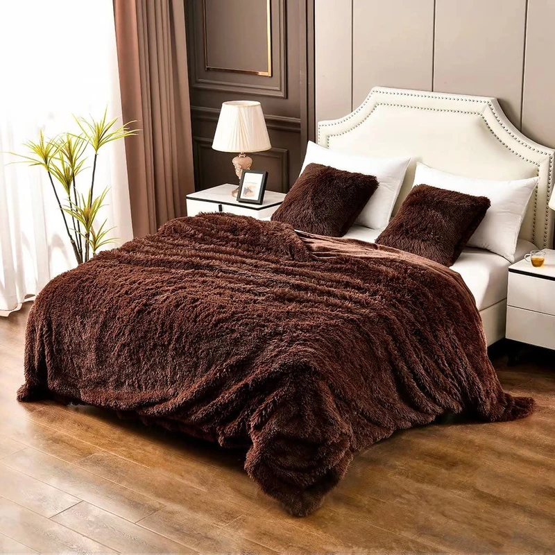 YUSOKI Brown Queen Faux Fur Blanket,2 Layers,90"x90" Without Pillows Big Soft Plush Fuzzy Large Warm Fluffy Throw Blanket for Bed